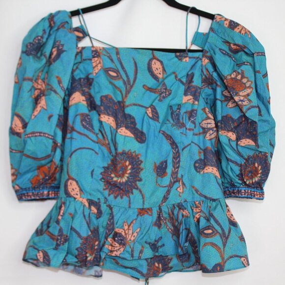 Ulla Johnson Puff-Sleeve Blue Floral Peplum Carlotta Blouse Size Small/4 - Picture 3 of 10